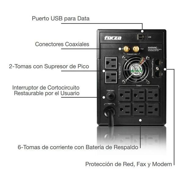 UPS Forza  FX-2200VA, 1200W, 120V, 8  Salidas, LCD, FX-2200LCD