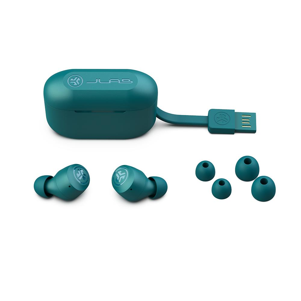 Audífonos JLAB GO AIR POP TW Color Azul turquesa 8 horas continuas + 24hrs case, Cable usb integrado en case, Diseño pequeño + control por touch Bluetooth 5.1, IPX4 sudor 10min, carga rapida - EBGAIRPOPRTEL124