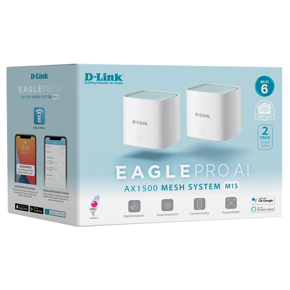 Router Repetidor D-Link AX1500 EaglePro AI, Mesh 2Pack, WiFi6, Google/Alexa - M15