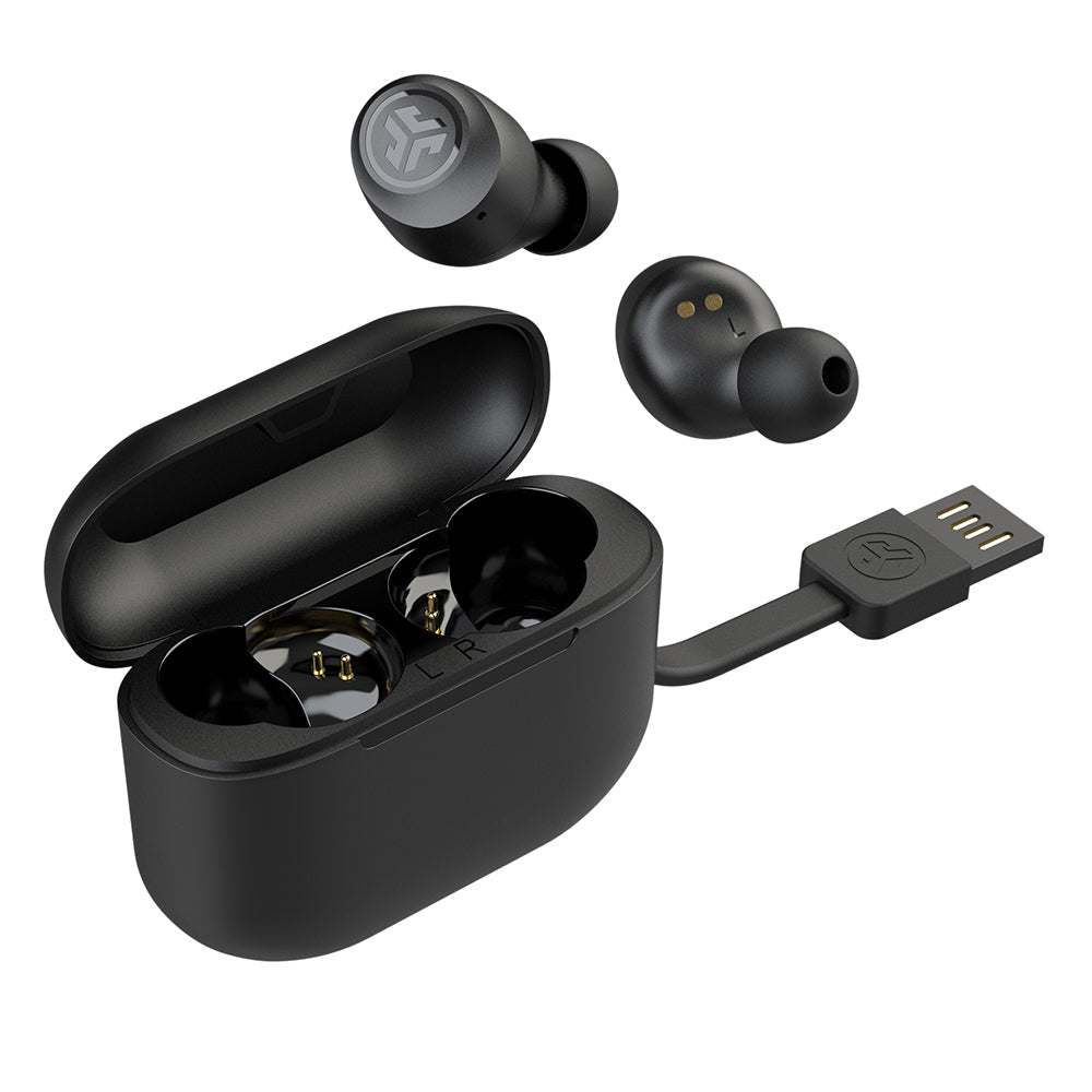 Audífonos JLAB GO AIR POP TW Color Negro 8 horas continuas + 24hrs case, Cable usb integrado en case, Diseño pequeño + control por touch Bluetooth 5.1, IPX4 sudor 10min, carga rapida - EBGAIRPOPRBLK124