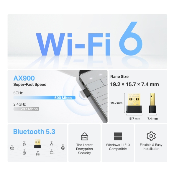 Adaptador USB TP-Link AX900 Nano Wi-Fi 6 Bluetooth 5.3 USB Adapter, TX10UBNANO
