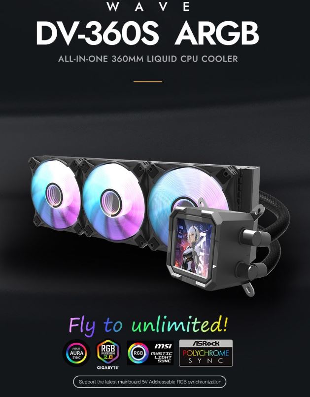 Enfriamiento Liquido Darkflash  DV360S RGB NEGRO -  360mm,  320*320 resolution IPS LCD, Control via Software, 3-stage bomba de agua, Intel, AMD, compatible con: Aura, Mystic, Fusion, Polychrome