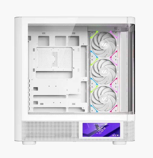 Case XYZ QUANTUM PRO, BLANCO. 6.2" Smart Display, Compatible ATX, Micro-ATX, and Mini-ITX , Graficas hasta 400 mm, and CPU coolers180 mm. Incluye 4 XYZ Vortex A-RGB fans con Inversion