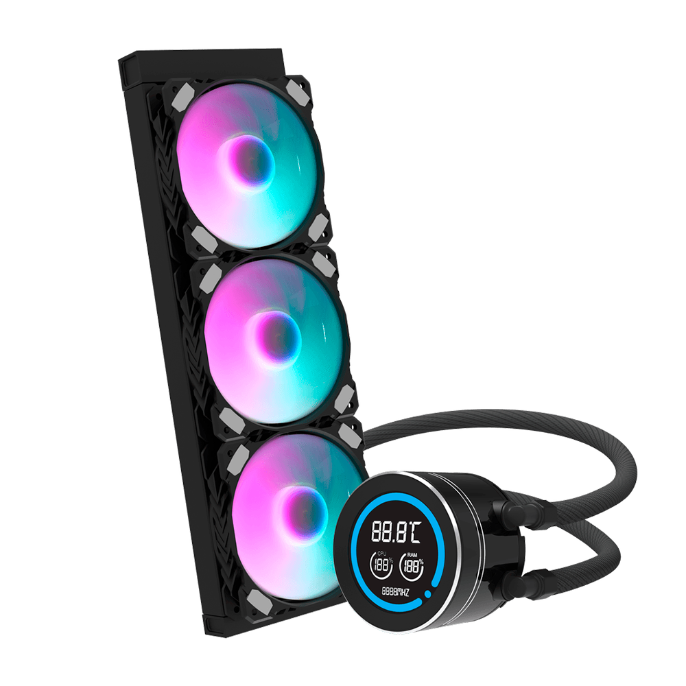 Enfriamiento Liquido Darkflash Nebula DN360D RGB NEGRO -  360mm, 1 inch LCD Digital display screen  Control via Software, 3-stage bomba de agua, Intel, AMD, compatible con: Aura, Mystic, Fusion, Polychrome