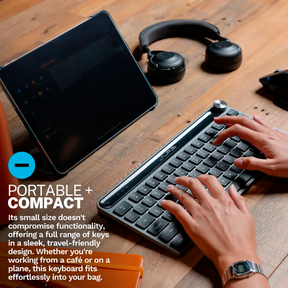JLab Epic Mini teclado Bluetooth+inalámbrico+USB, negro, 108 teclas, Iluminado, multidispositivo 3, teclas de tacto suave, PC+MAC+Tablet. Bateria hasta 1 año -KEPICMINIKEYRBLK4