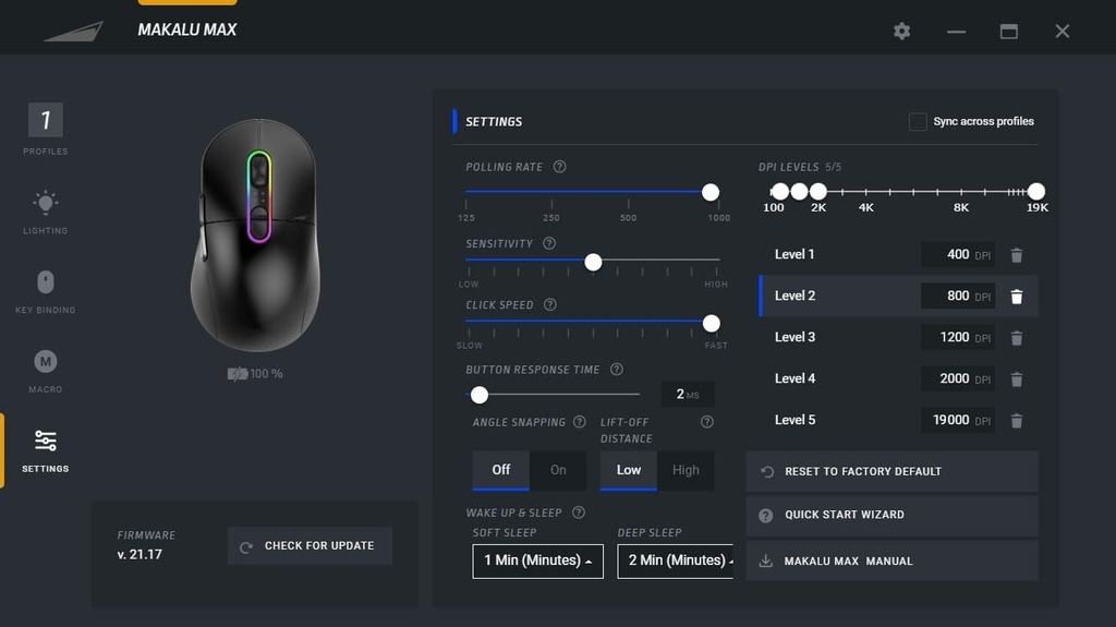 Mouse Mountain Makalu Modulart RGB - Negro - MG-MAM1-1 RGB PixArt 3370 y conectividad híbrida, Inalambrico