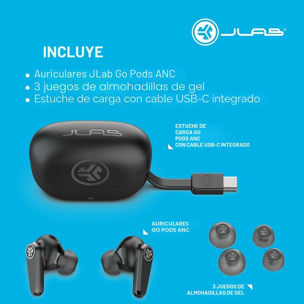 Audifonos JLab Go Pods ANC True,  Bluetooth, Cancelación de Ruido , Más de 26 Horas de bateria, IP55, 2 microfonos, 