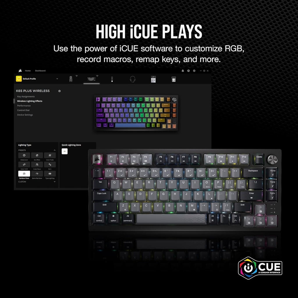 Teclado Corsair K65 Plus Wireless - Switch Red Smooth & Linear - 75% RGB, Interruptores lineales rojos MLX PC, MAC, PS5, PS4