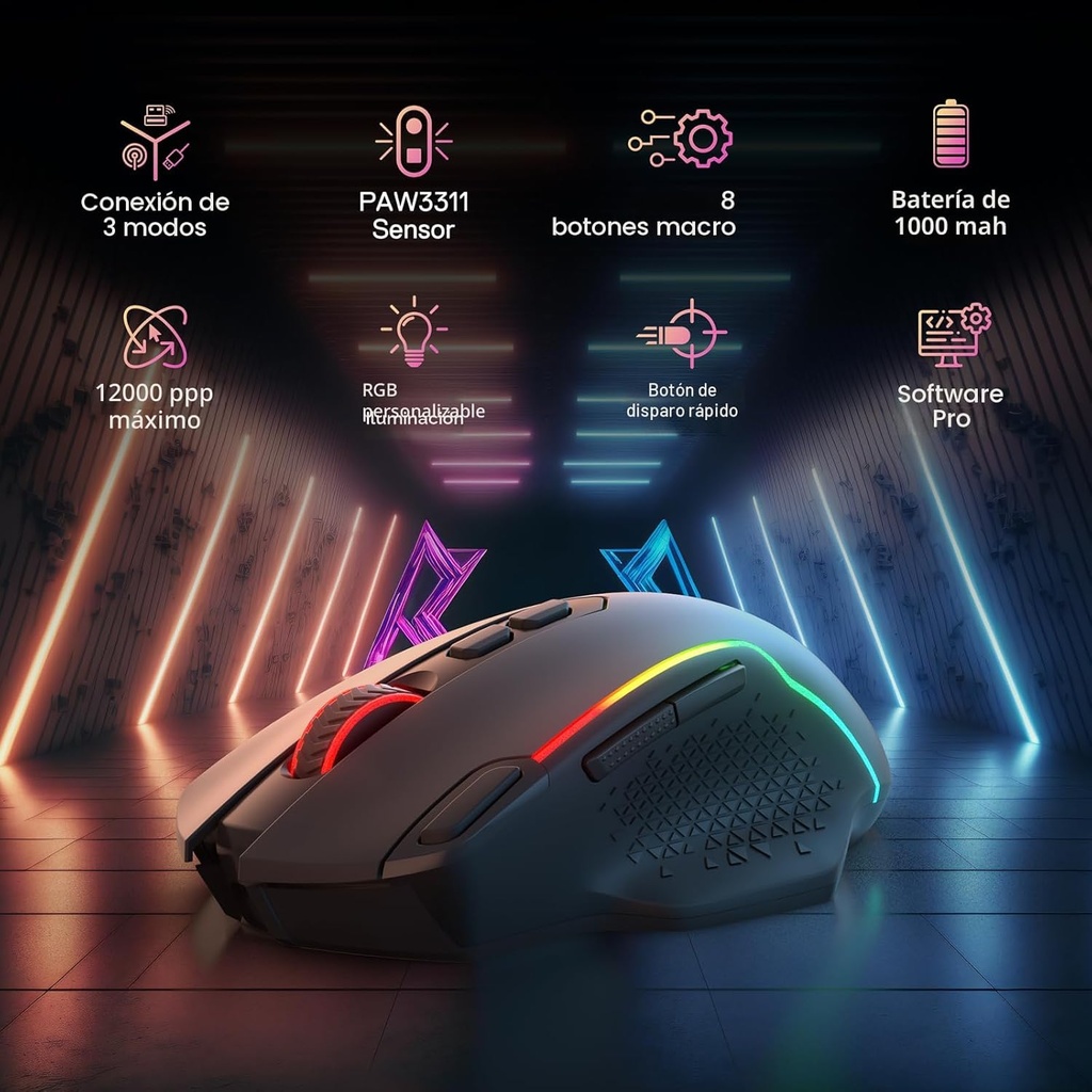 Mouse Redragon Taipan MAX - Negro - M810RGB-MAX, 12000 DPI con cable/mouse RGB inalámbrico con llave de fuego rápido, 8 botones macro