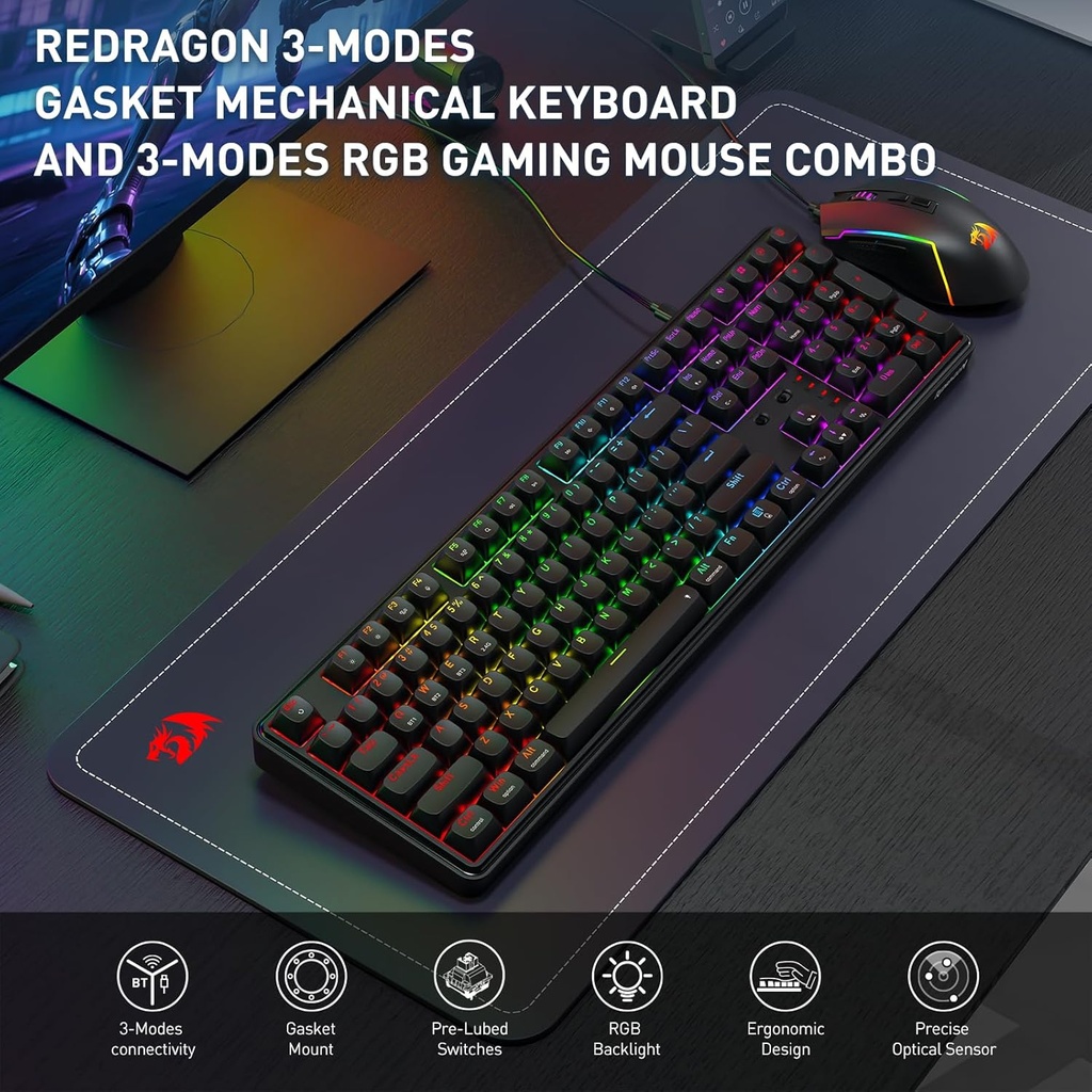  Combo Teclado y Mouse Redragon Gaming Essentials - Inalambrico de 3 modos, teclado de junta K689 PRO RGB 108 teclas, mouse M693 de 8000 DPI M693Negro - S163