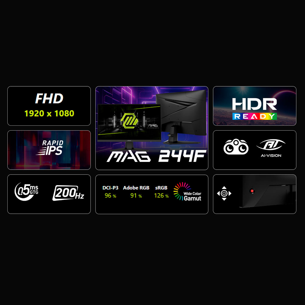 Monitor MSI MAG 244F - 23.8" - IPS - FHD - 0.5MS - 200Hz - Negro - 9S6-3BC41H- 004