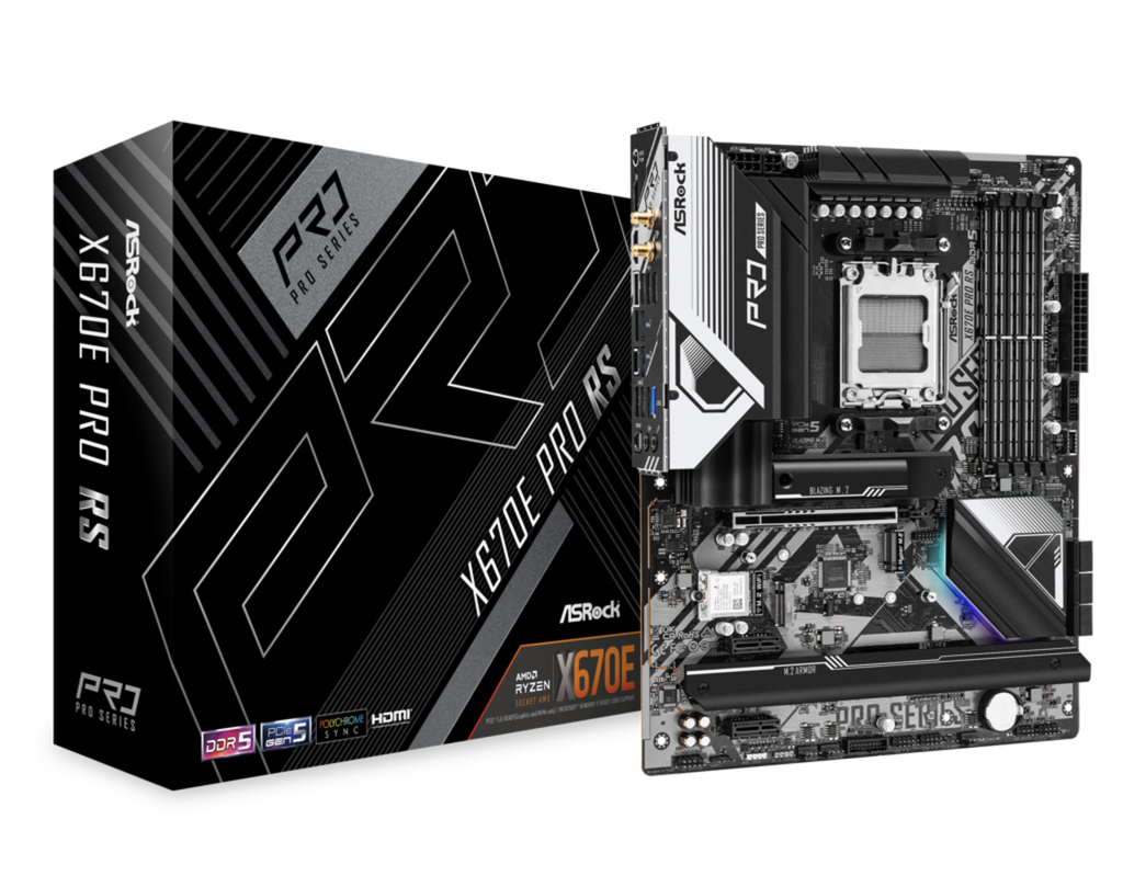 Motherboard ASRock X670E PRO RS AM5 ATX Mainboard. 4xDDR5 slots, PCIE 5.0X16, AMD Cross Fire, 5xM.2 slots, 2.5GB LAN, WIFI-6E, 7.1 HD audio, HDMI 2.1, DP 1.4 ports, USB3.2 Gen2x2 Type-C, 8 Layer PCB, 14+2+1 Phase Power Design, SPS. 90-MXBJ70-A0UAYZ