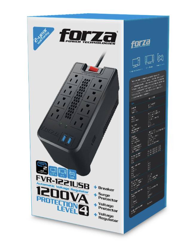 Regulador de Voltaje Forza FVR-1221USB Volt Reg 1200VA/600W 120V 8-NEMA 2USB