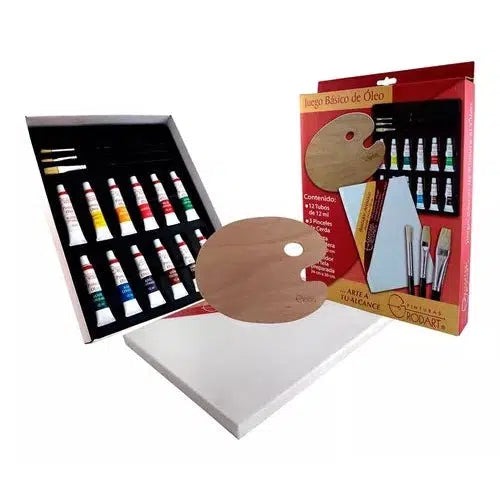 Kit  Básico Pintura al Oleo , 12 colores, bastidor de tela, 1 paleta, 3 pinceles Rodart