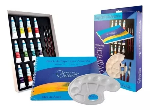 Kit Basico Pintura Acuarela Rodart - 12 tubos,  3 pinceles, 1 godete, 1 block de acuarela