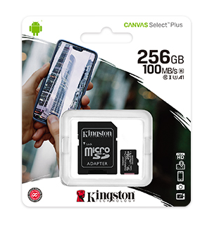 Memoria Micro SD Kingston 256GB Canvas Select Plus 100R A1 C10 Card, SDCS2/256GB