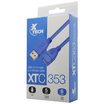 CABLE EXTENSOR XTECH USB MACHO A USB HEMBRA 3.0, 1.82 MTS, XTC-353