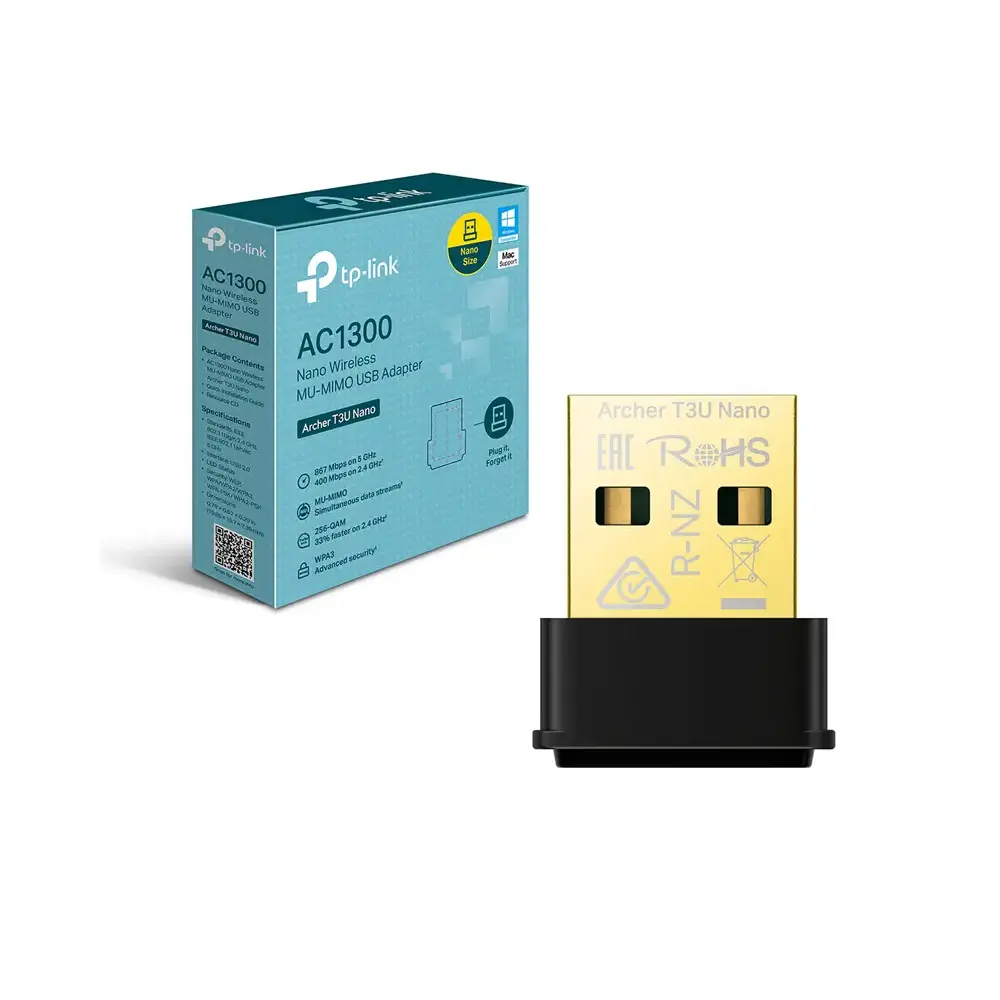 Adaptador USB inalambrico TP-LINK USB, Archer T3U Nano Doble banda AC1300 5Ghz,  (867 Mbps 5 GHz, 400  banda de 2.4 GHz)