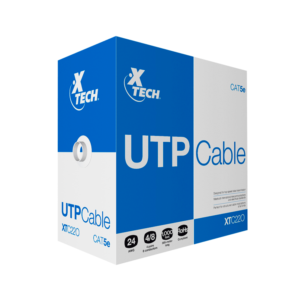 BOBINA DE CABLE UTP,  XTECH  CATEGOTIA 5E, 305 METROS, COLOR GRAY, 24 AWG, XTC-220