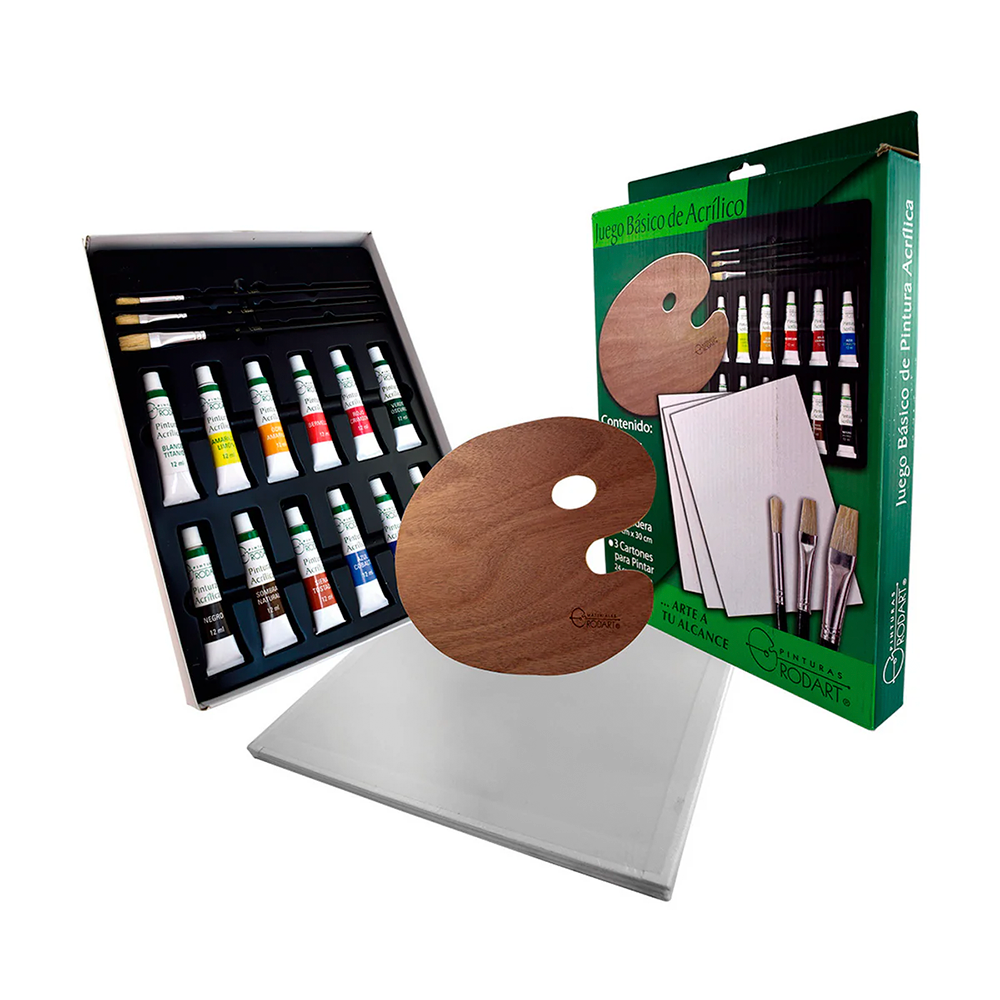 Kit  Basico Pintura Acrilica Rodart -  12 Tubos, 3 pinceles, 1 paleta, 3 cartones