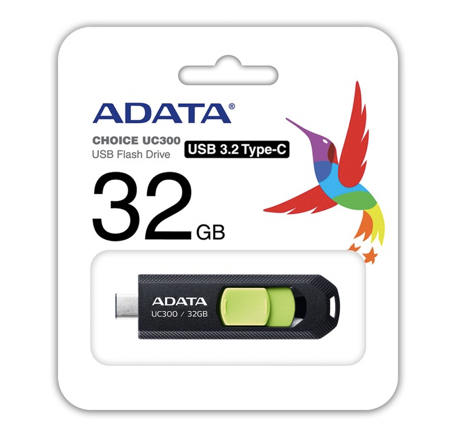 Memoria USB C ADATA 32GB USB3.2 Gen1 Type-C BLACK/GREEN ACHO-UC300-32G- RBK/GN