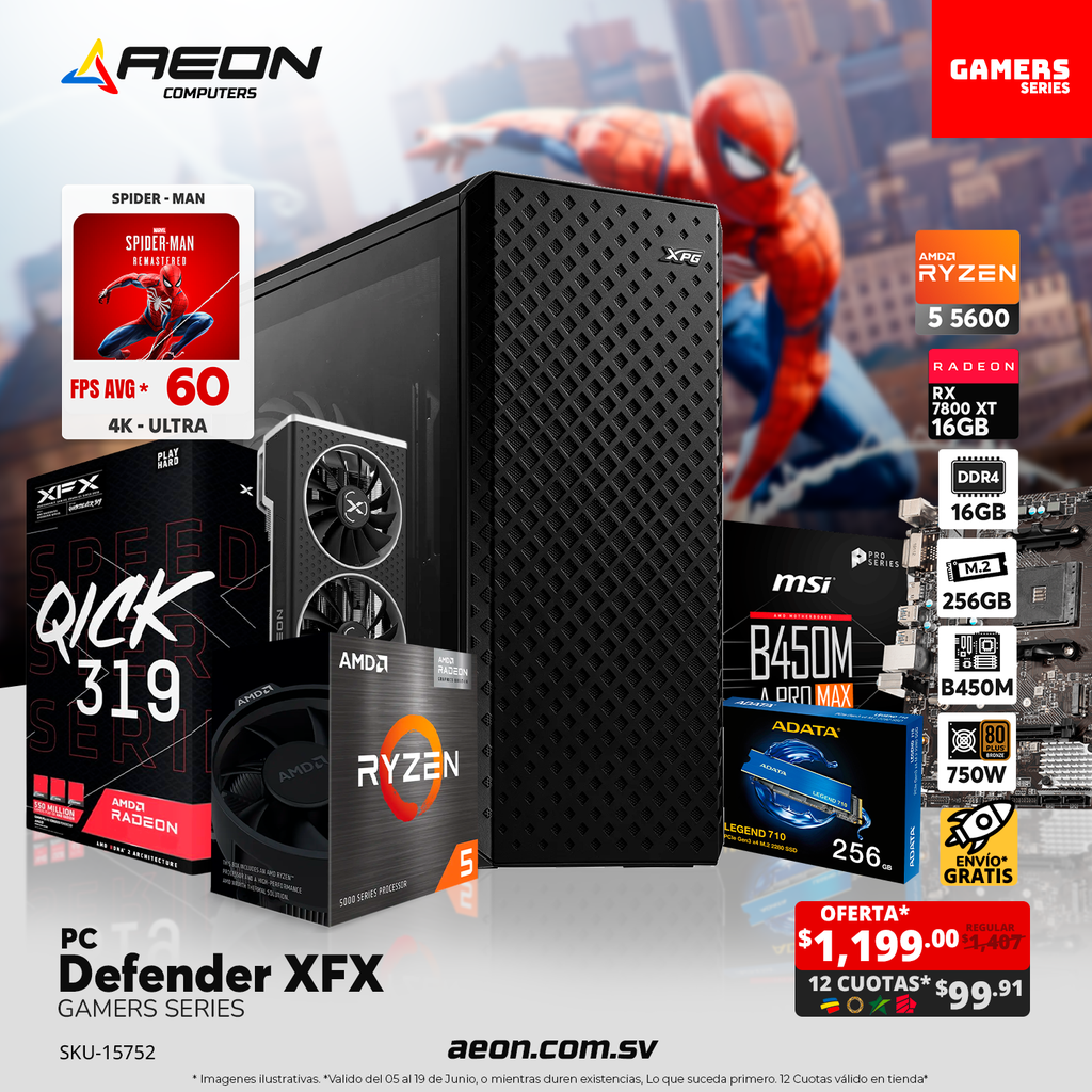 Pc Defender XFX Ryzen 5 5600, RX 7800 XT 16GB, DDR4 16GB, M.2 256GB, 750W 80+ Bronce