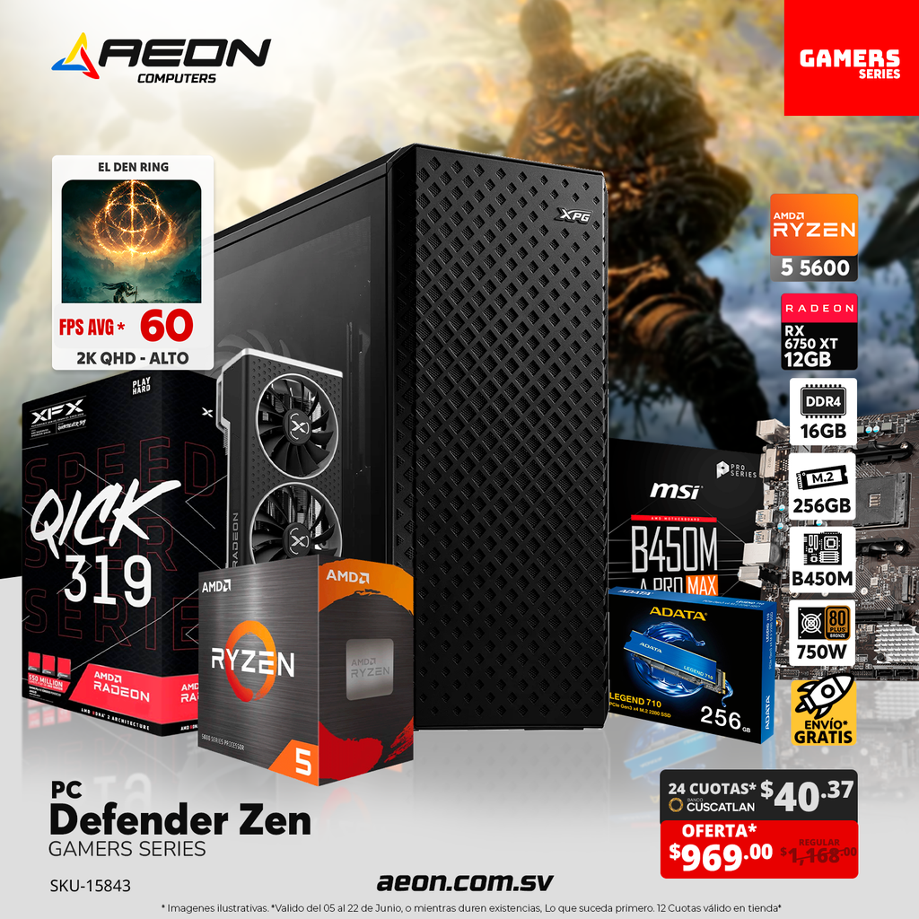 PC DEFENDER ZEN, Ryzen 5 5600, RX 6750 XT 12GB, 16GB DDR4 RGB, M.2 256GB, 750W 80+ BRONCE