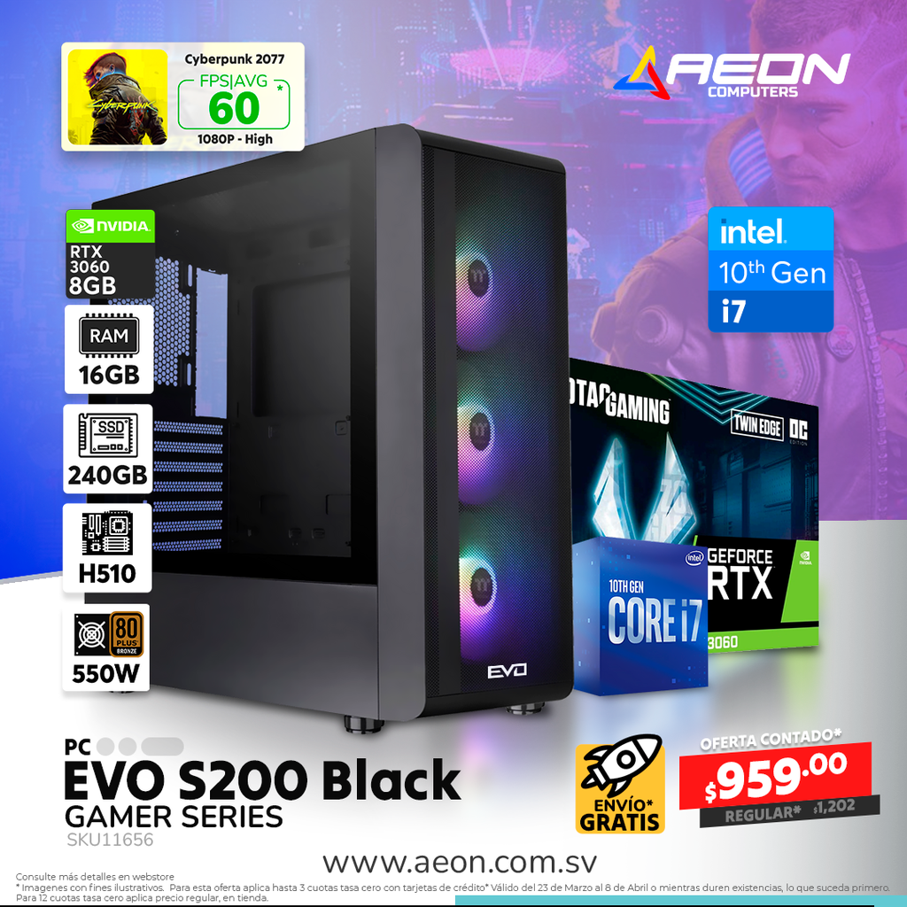 PC EVO GS - S200 Black I7 10700F, 16GB DDR4,SSD 240GB , RTX 3060 8GB, 550W 80+