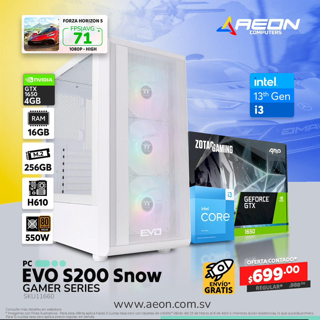 PC EVO GS - S200 SNOW 13TH, I3 13100F, 16GB DDR4, M.2 256GB, GTX 1650 4GB, 550W 80+