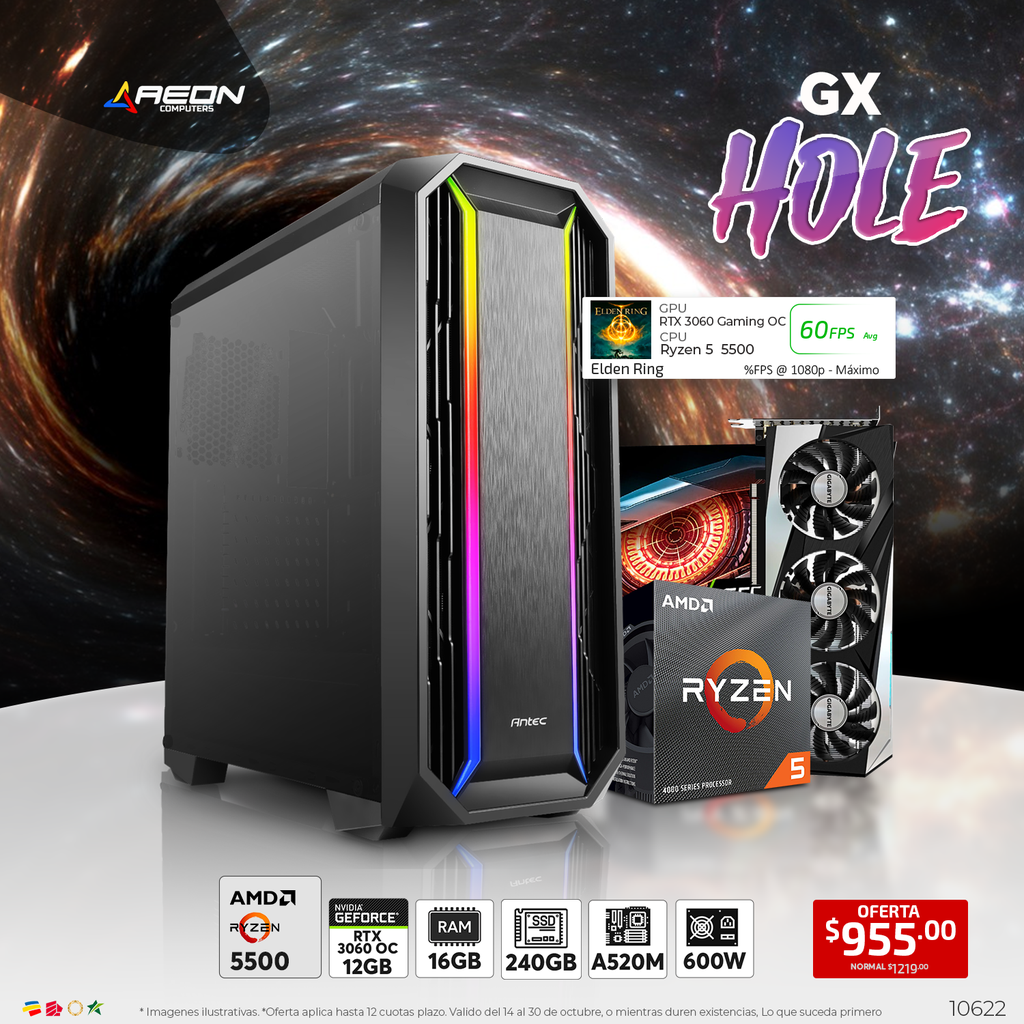 PC GX Hole, Ryzen 5 5500, 16GB, SSD 256GB, RTX 3060 12GB, 600W