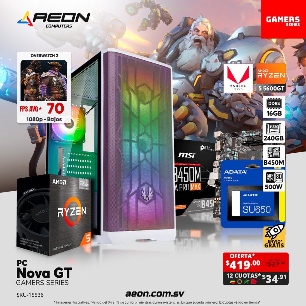 Pc Nova GT Ryzen 5 5600GT, Vega 7, DDR4 16GB, SSD 240GB, 500W 80+