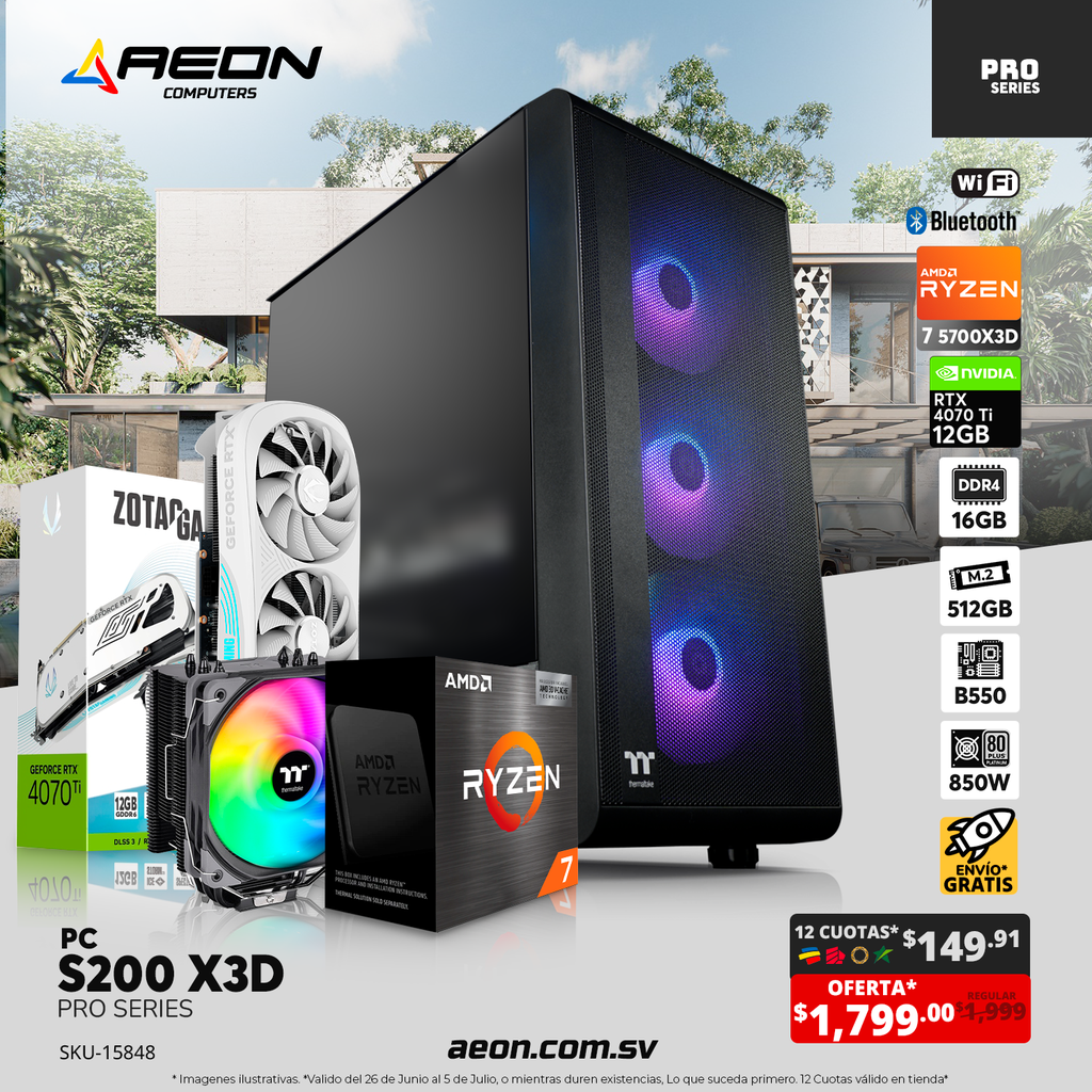 Pc S200 X3D Ryzen 7 5700X3D, RTX 4070 TI 12GB, DDR4 16GB, M.2 512GB, 850W 80+ PLATINUM