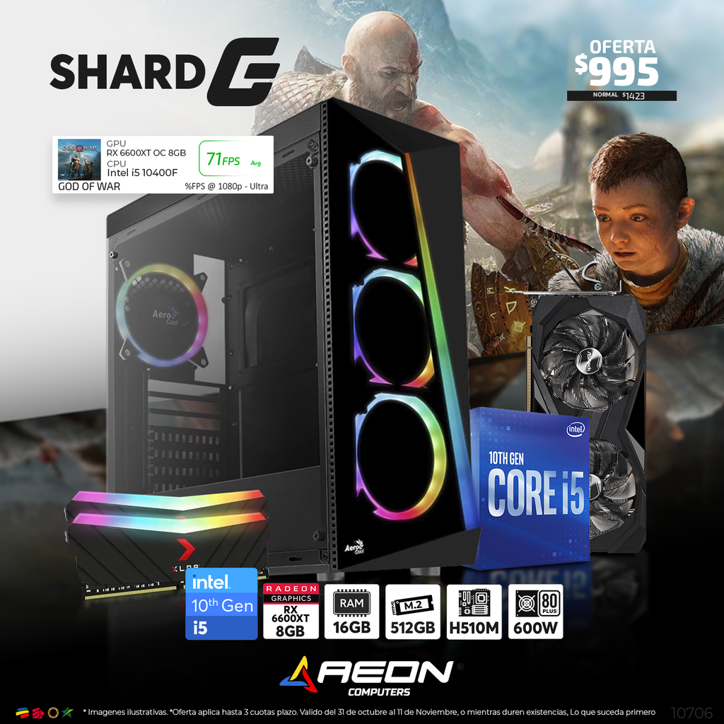 PC SHARD G, i5 10400F, 16GB, M.2 512GB, RX6600XT