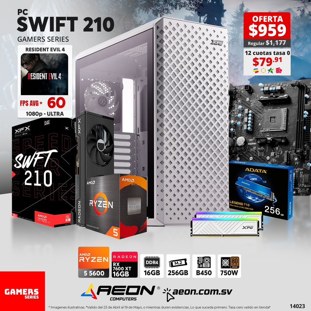 PC SWIFT 210 Ryzen 5 5600, RX 7600 XT 16GB GDDR6, 16GB DDR4, M.2 256GB, 750W 80+ Bronce