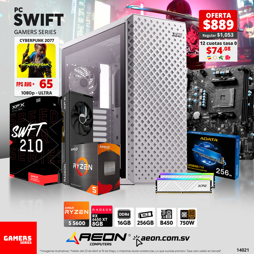 PC SWIFT Ryzen 5 5600, RX 6650 XT 8GB DDR6, 16GB DDR4, M.2 256GB, 750W 80+ Bronce