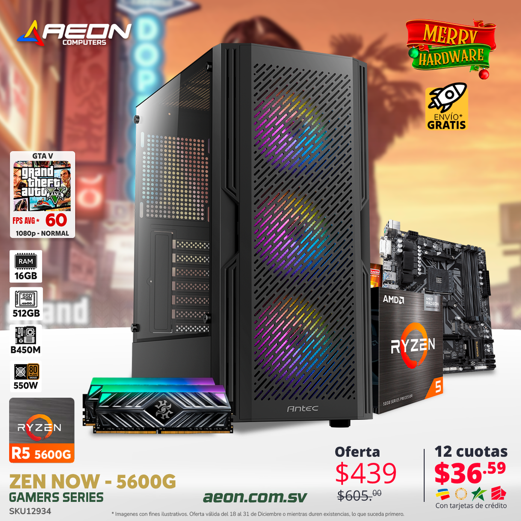 PC Zen NOW, Ryzen 5 5600G, Vega 7, 16GB DDR4 RGB, 512GB SSD, B450M, 550W 80+