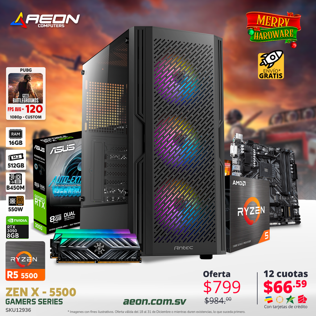 PC ZEN X, Ryzen 5 5500, 16GB DDR4, M.2 512GB, RTX 3050 8GB, B450M - 550W 80+