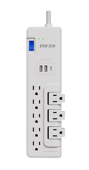 PROTECTOR TENSIÓN FORZA, 8 SALIDAS, 3-GIRATORIAS,  x2 USB TIPO A, x1 USB TIPO C, 120V/240V, FSP-821RUSBCW