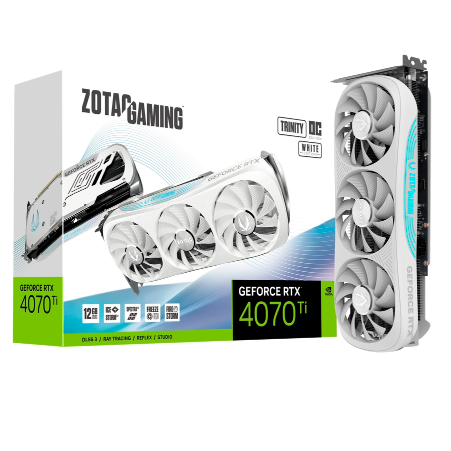 Tarjeta de Video ZOTAC GEFORCE RTX 4070 Ti TRINITY OC WHITE ED 12GB GDDR6X Premium Pack ZT-D40710Q-10P