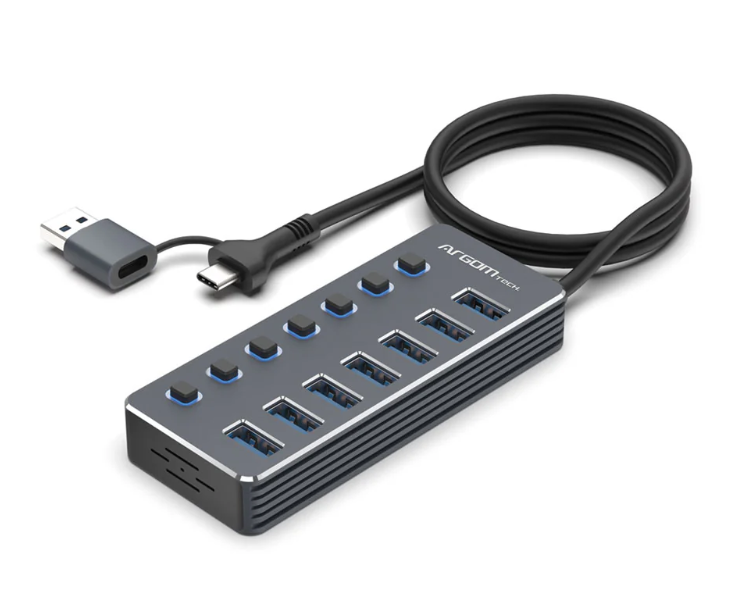  Concentrador Argom USB 3.0 tipo C/USB 2 en 1 de One Axess con 7 puertos USB 3.0 y conmutadores, ARG-UB-0191 