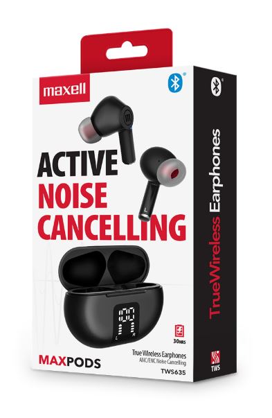 Audífonos Bluetooth Maxell, Ultrabass con ANC, 6Hrs+4Hrs case= 20 Horas, TWS365 color NEGRO