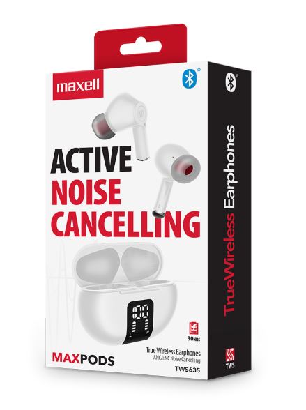 Audífonos Bluetooth Maxell, Ultrabass con ANC, 6Hrs+4Hrs case= 20 Horas, TWS635 color BLANCO