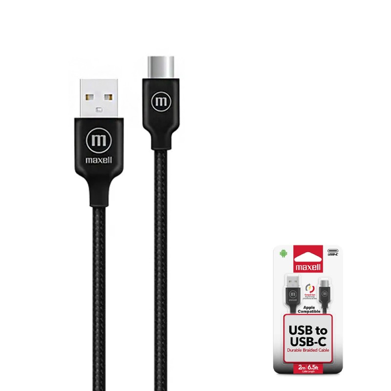 Cable  Usb-A a Usb-C Maxell,  2Mtrs. compatible (PC, Android, Apple), BRACB-2M Cable forrado color negro  
