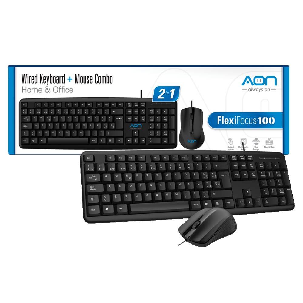 Combo Teclado y Mouse, Ergonomico AON, Español,12 Teclas Multimedia, Conexion USB, FlexiFocus-100 AO-KB-1000