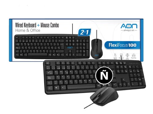 Combo Teclado y Mouse, Ergonomico, Español,12 Teclas Multimedia, Conexion USB, FlexiFocus-100 AO-KB-1000