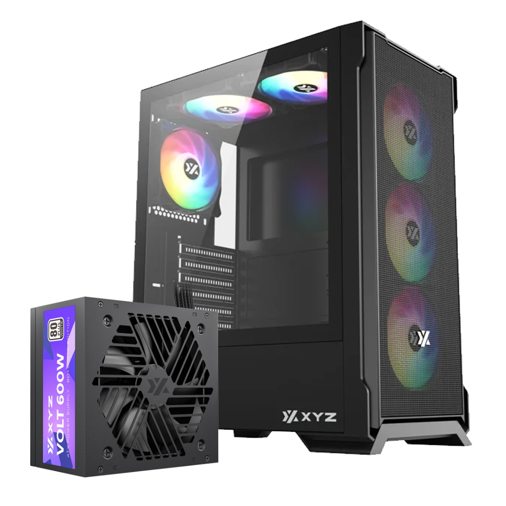 Bundle Case + Fuente | Case XYZ  AIRONE 300-X MESH NEGRO, 6 x 120mm ARGB fans +  Fuente de poder XYZ Volt - 600W 80 Plus White