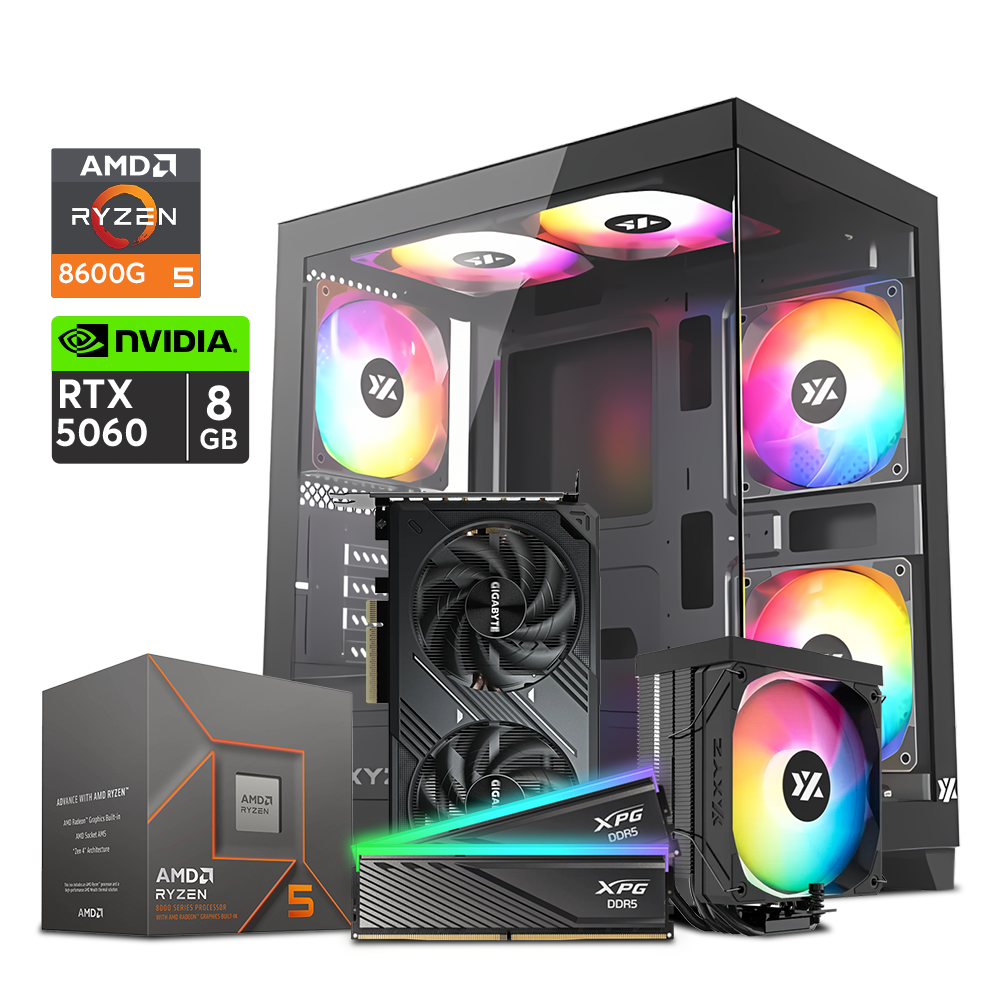 Computadora Gaming Mini FishBowl Brawl | Ryzen 5 8600G / Thermax 6 Pulsar / B650M / RTX 5060 8GB / 32GB DDR5 / 1TB M.2 / 650W 80+  | GRATIS Mouse