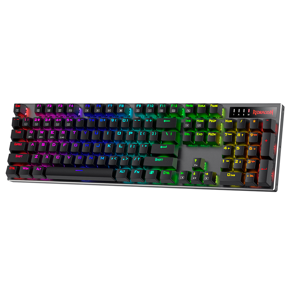 Teclado Redragon Dharma Pro - Chroma RGB Dust Proof Switch Red, 4 Conexiones (Dual Wireless/ Cable USB Tipo C/ Adaptador Combertidor USB Tipo A/Bluetooth) K556RGB-PRO
