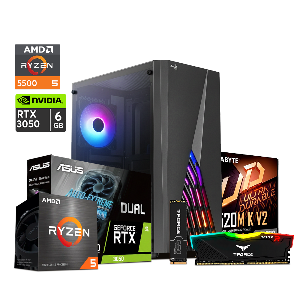 PC Gamer Delta - AMD Ryzen 5 5500 / A520M/ RTX 3050 OC 6GB / RAM 16GB DDR4 /SSD M.2 512GB T-Force / 800W/ Aerocool Delta-g
