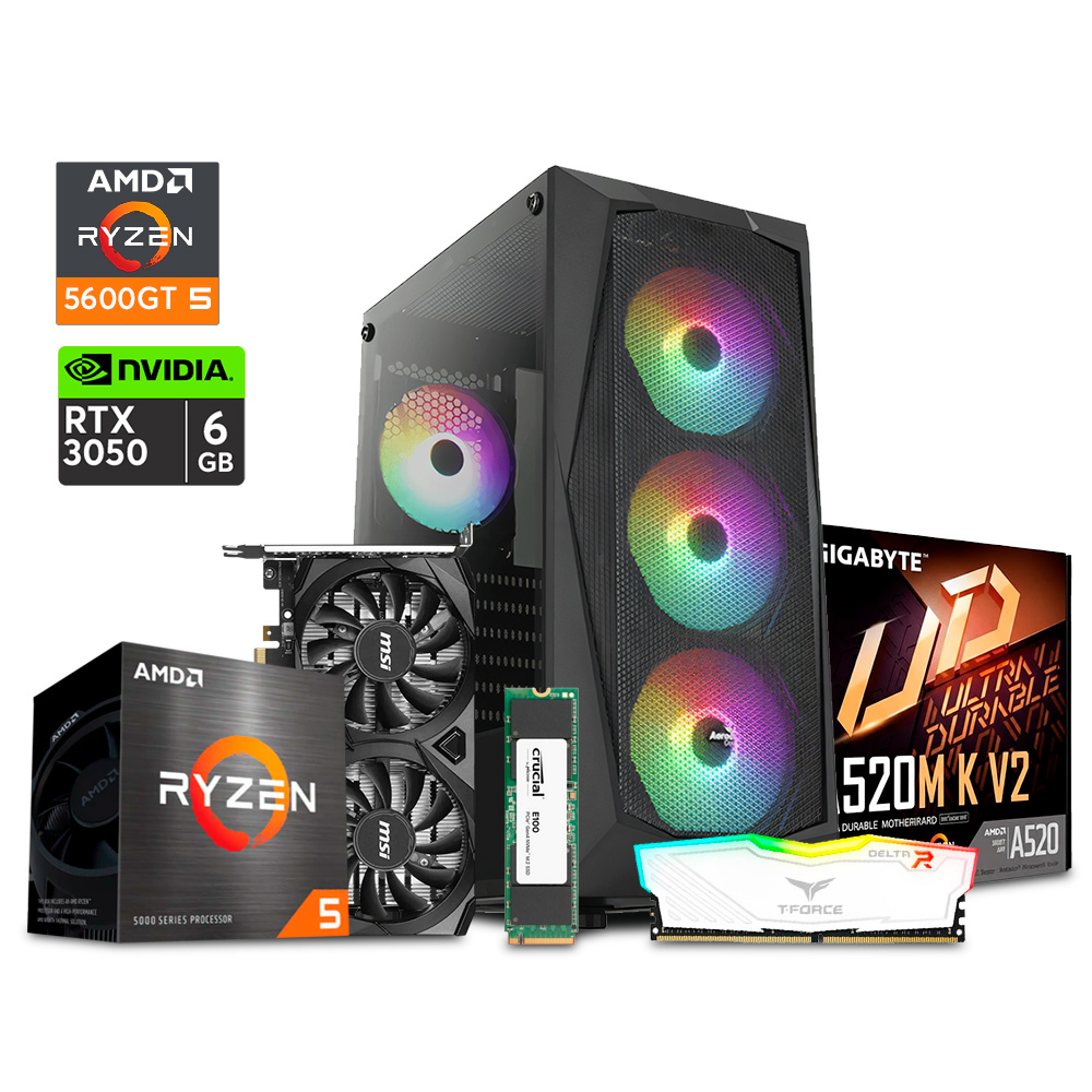 PC Gaming Falcon - Ryzen 5 5600GT, RTX 3050 6GB, A520M, 16GB DDR4, M.2 480GB, Case Aerocool, 650w 80+, Windows 11 Pro